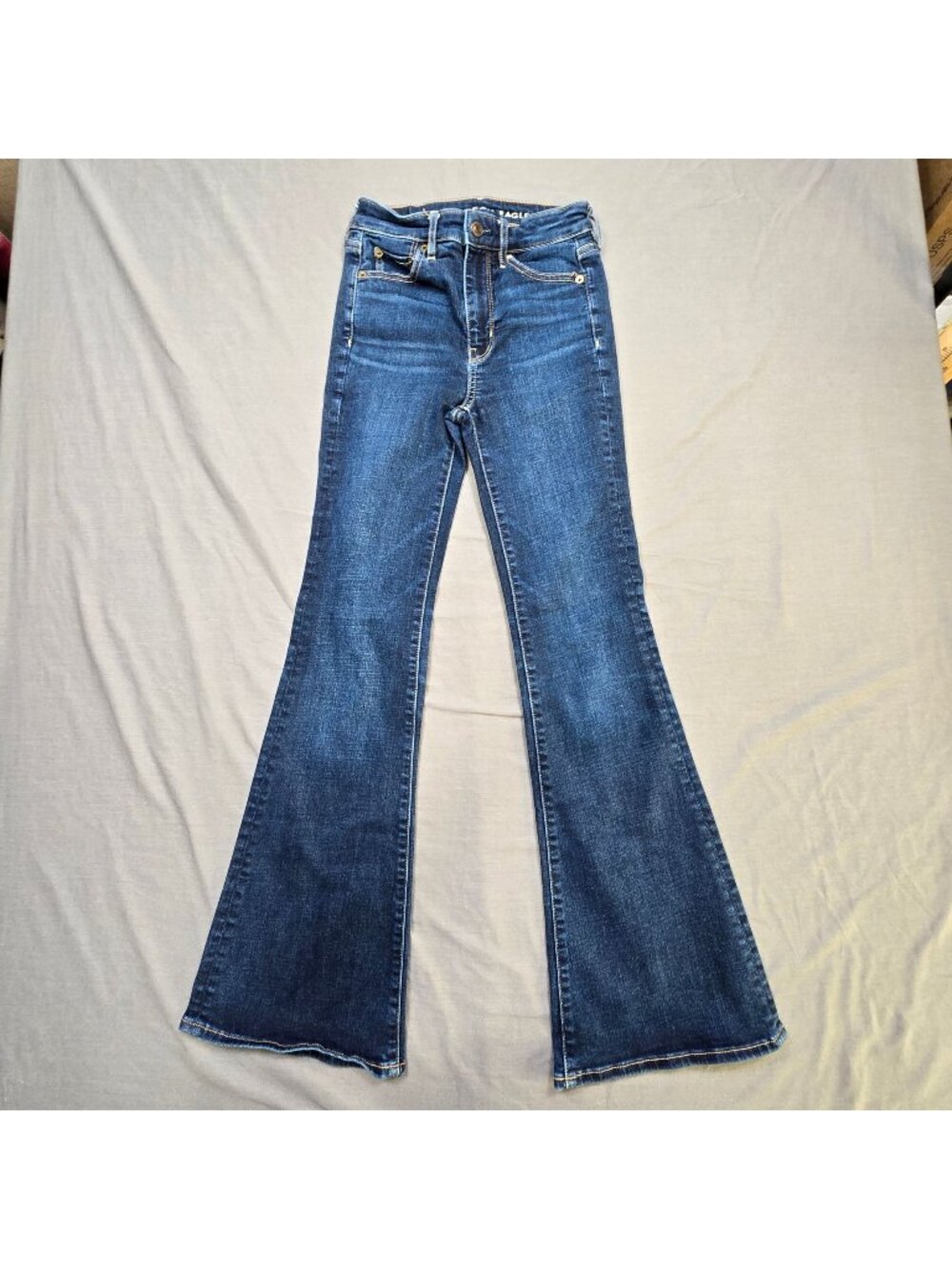 American Eagle Size 00 Super Hi Rise Flare Jeans Blue Stretch Denim
